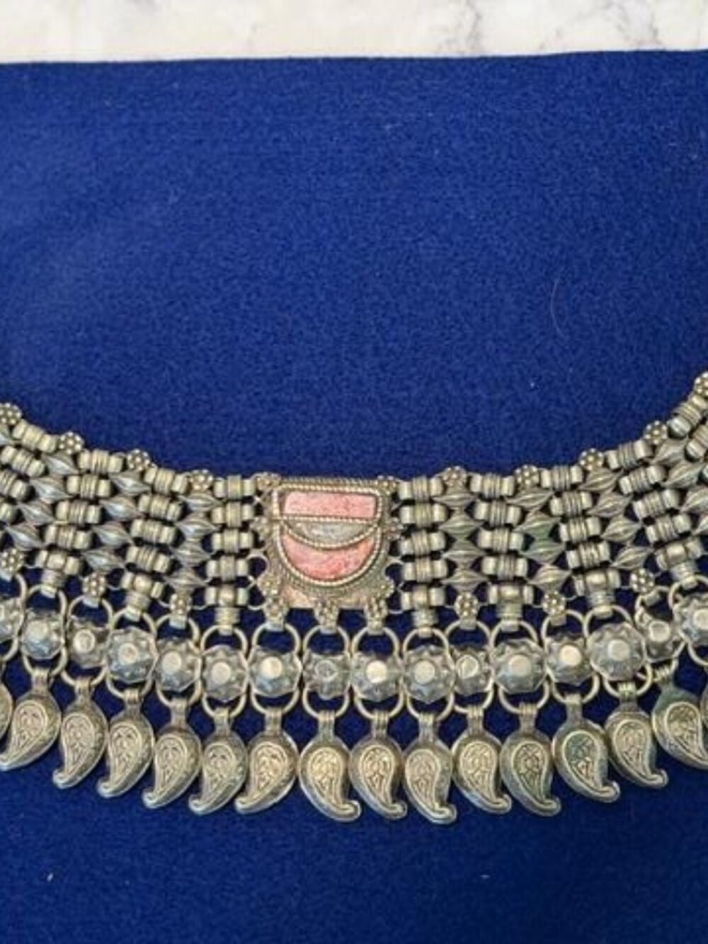 Elaborate Vintage Silver Bib Necklace w/Gemstones Intaglio from Czech Republic